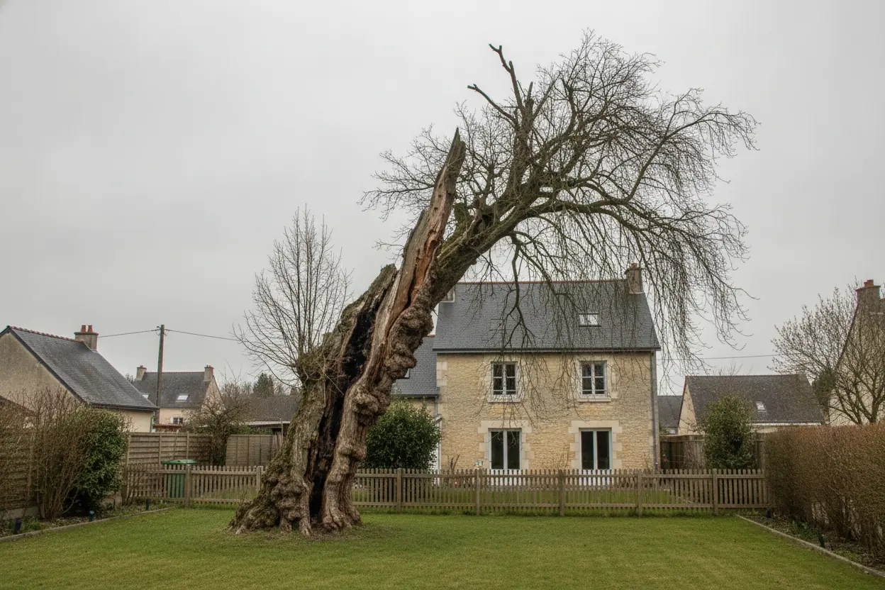 Grand chêne penché vers la maison avant abattage à Angers quartier La Roseraie