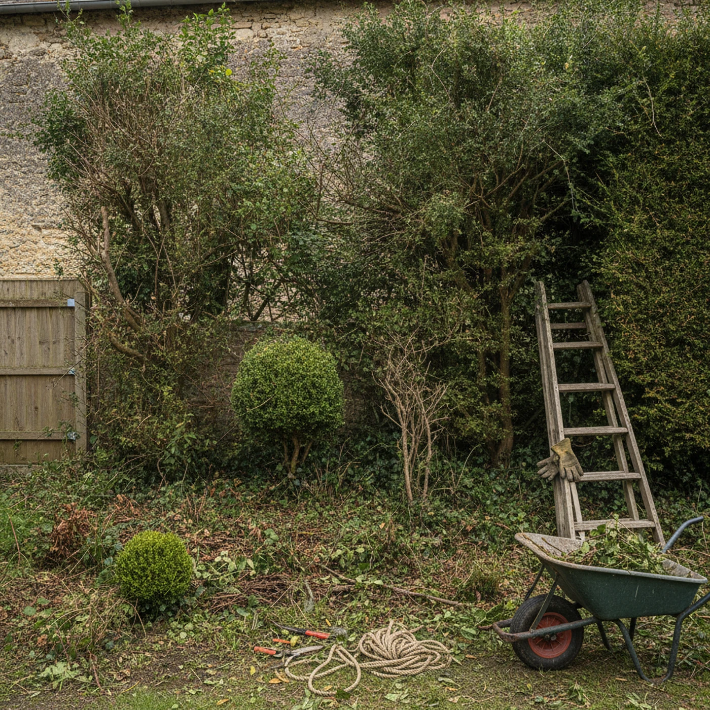 Haie de photinias irrégulière avant taille à Angers Monplaisir