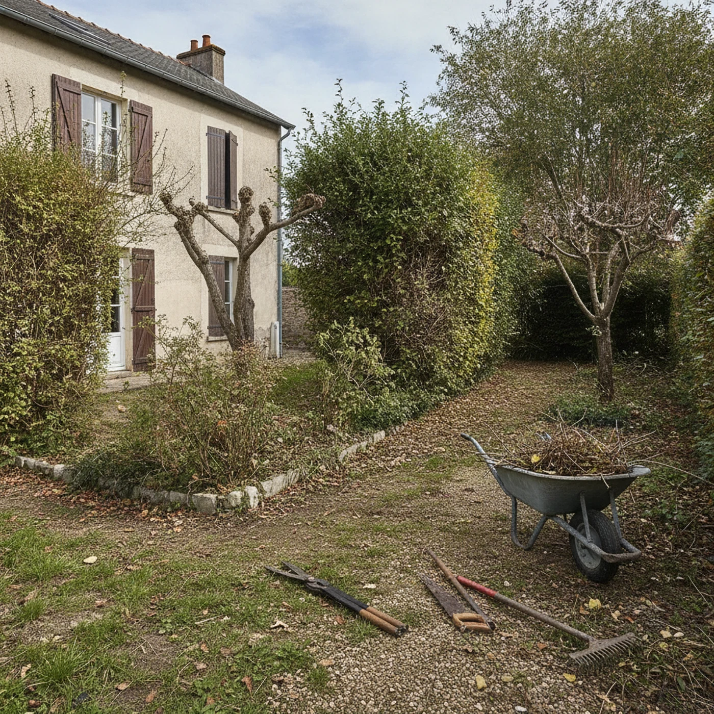 Avant : haie dense débordant sur une allée à Beaucouzé