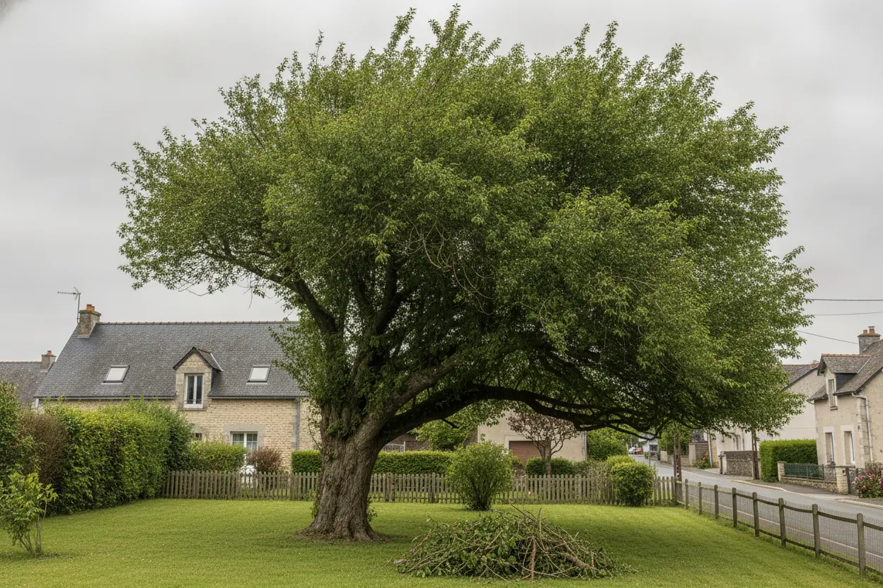 Même chêne après élagage raisonné, houppier aéré et branches dégagées de la toiture