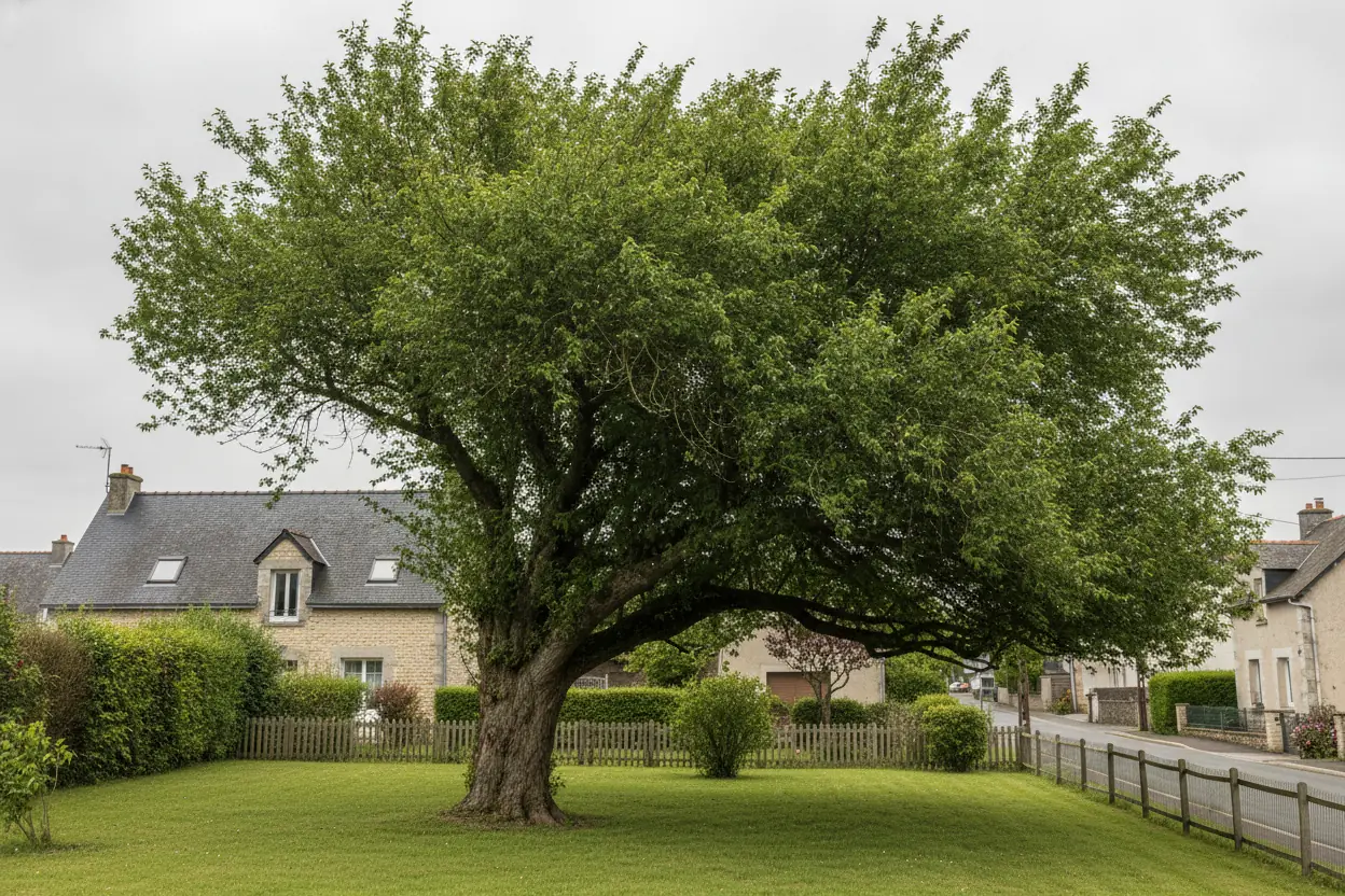Grand chêne à houppier dense et branches débordantes avant élagage à Angers