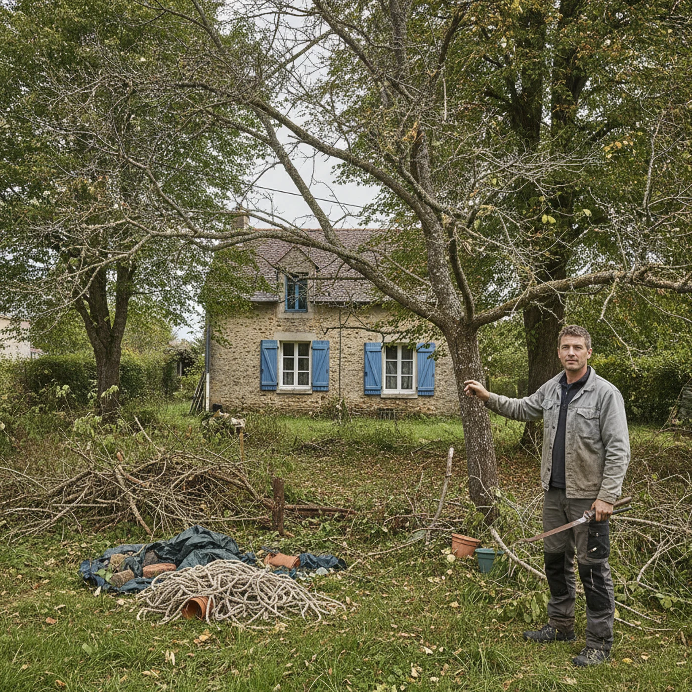 Tilleul avec branches mortes avant taille sanitaire dans un jardin de Belle-Beille à Angers