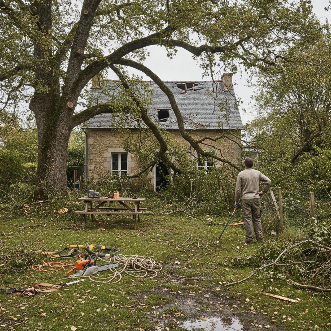 Branche cassée suspendue au-dessus d'un garage à Belle-Beille avant intervention
