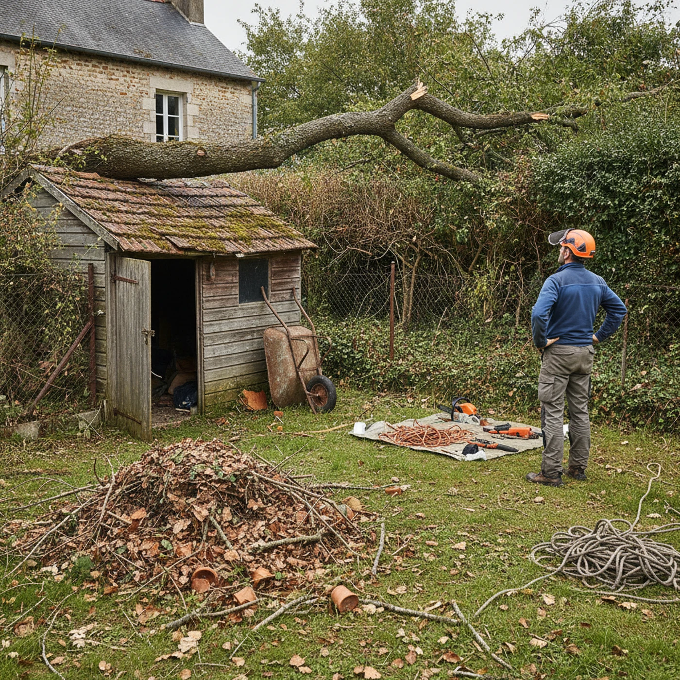 Arbre incliné vers un mur en tuffeau à La Doutre avant abattage d'urgence