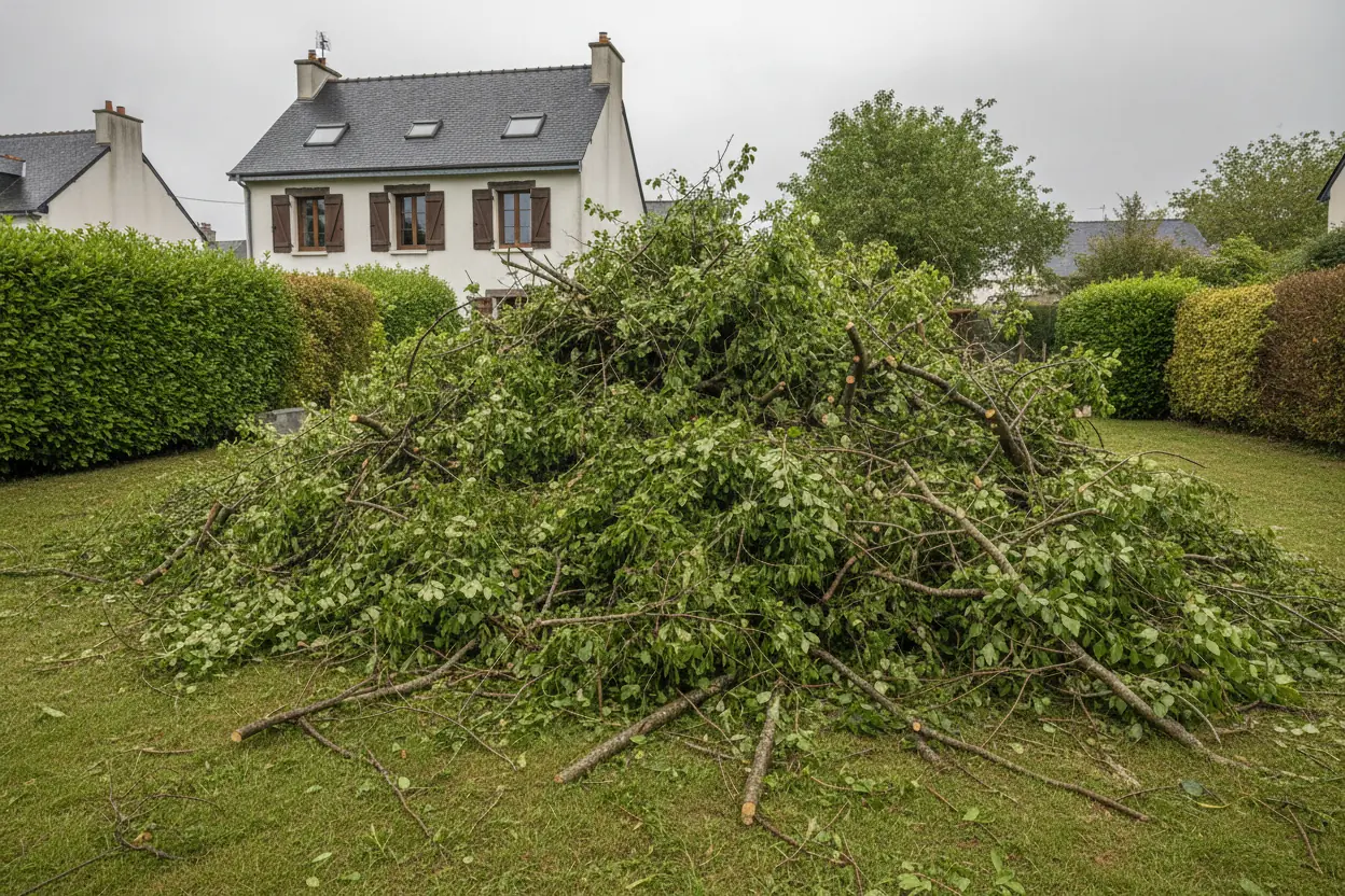 Jardin encombré de branches et branchages après abattage d'arbre à Angers