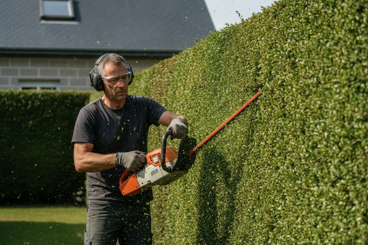 Taille de haie de charme dans un jardin résidentiel à Trélazé